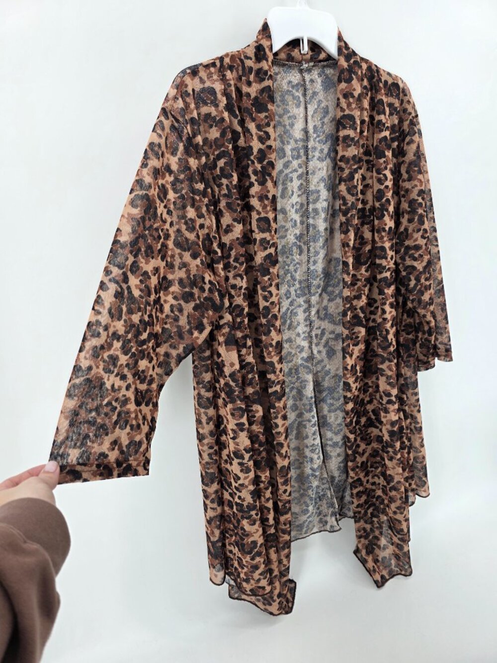 Brown Leopard Print Sheer Mesh Open Cardigan – Size 1X – Long Sleeve - Picture 3 of 6